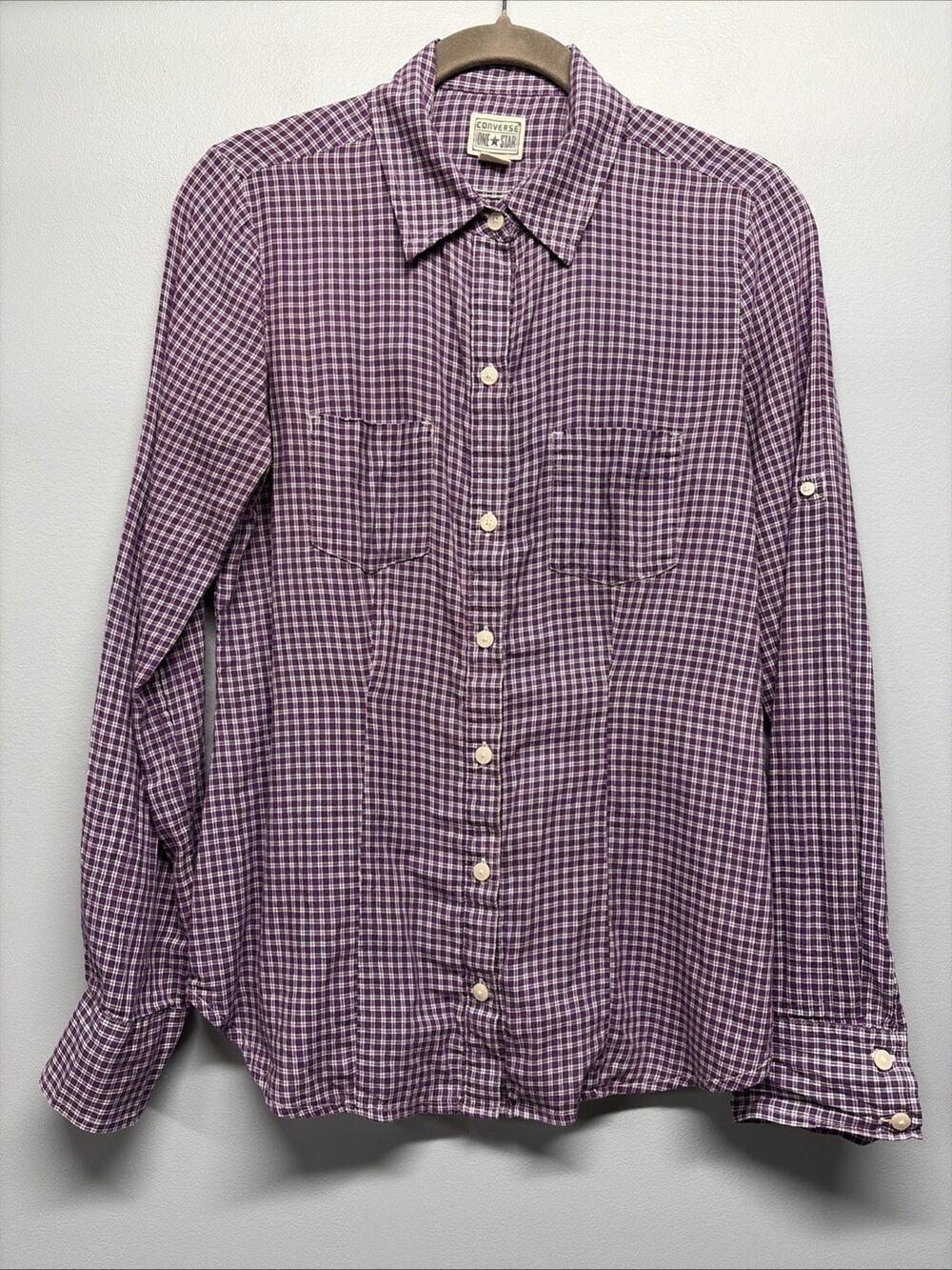 Converse One Star Plaid Purple/White Button Pockets 100% Cotton Women's Size S